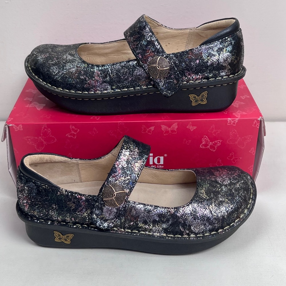 Alegria Paloma Black Multi Metallic Floral Leather Mary Jane Clogs Shoes 39